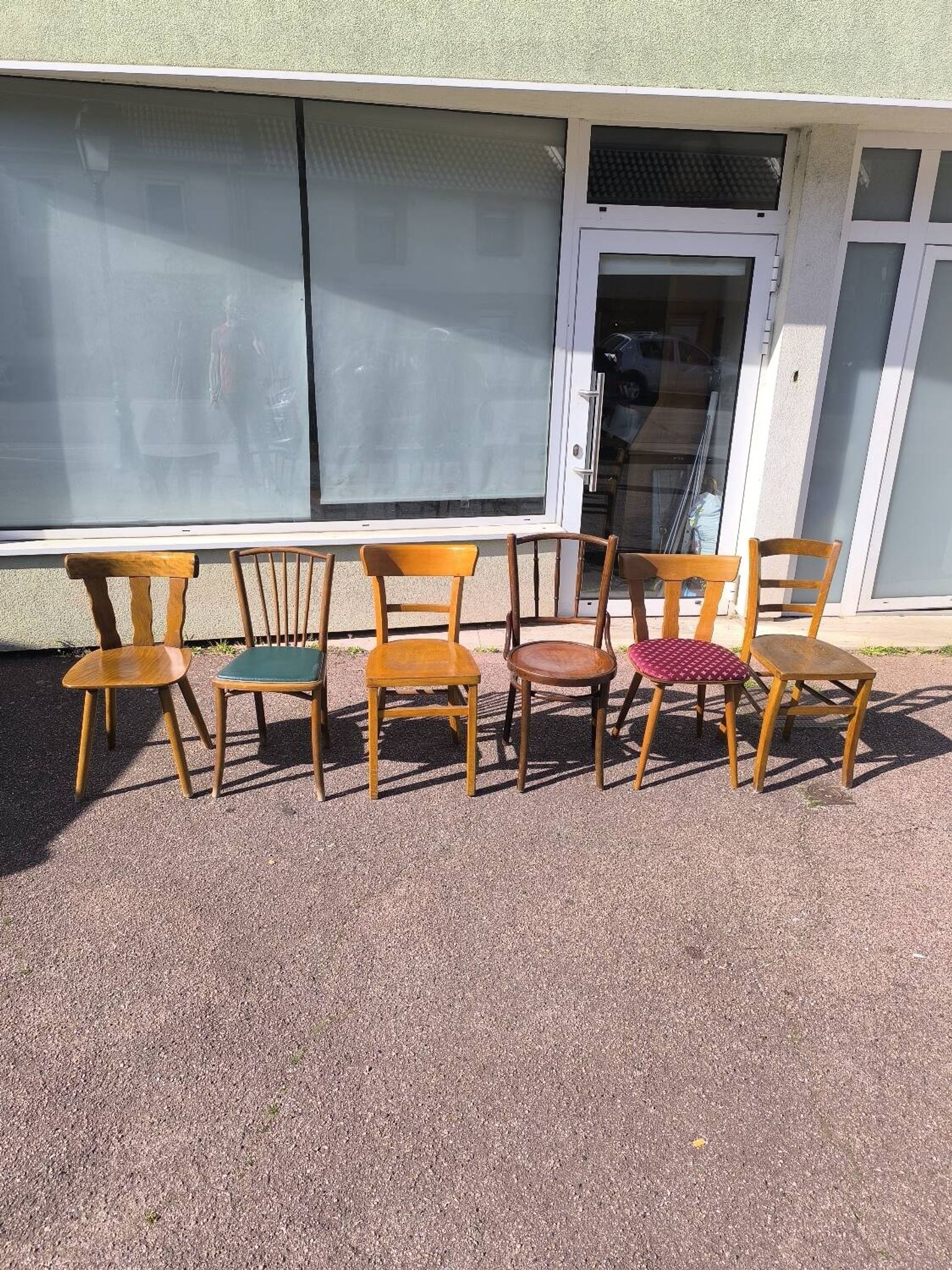 Set of 6 mismatched vintage wooden bistro chairs