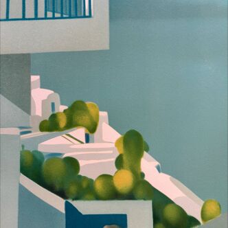 Lithographie Alfred Defossez "Terrasses en mer Egée"