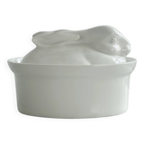 Large white porcelain rabbit terrine dish.