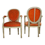 Pair of Louis XVI style medallion armchairs in orange velvet - circa 1950