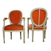 Paire de fauteuils médaillons de style Louis XVI en velours orange- vers 1950