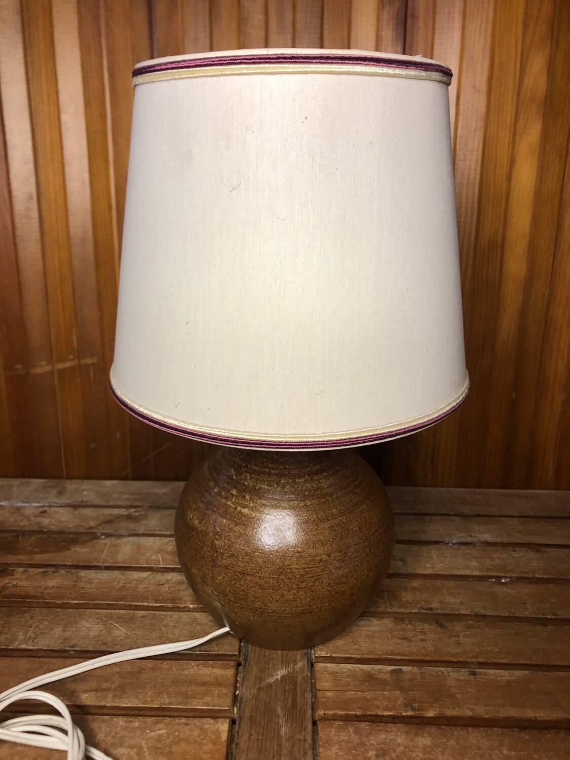 Ancienne lampe boule en grès + abat-jour blanc vintage #a549