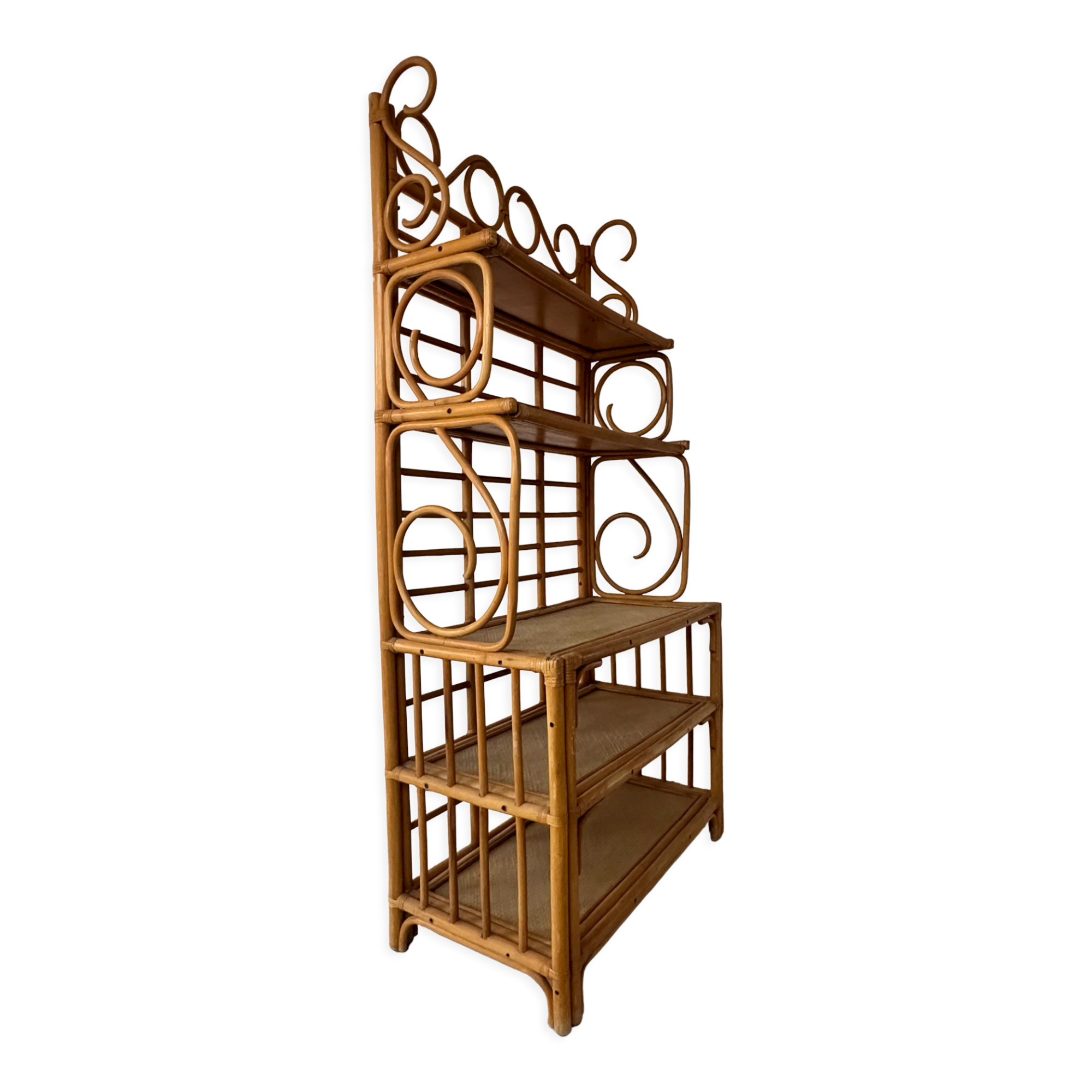 Vintage curved rattan shelf cabinet from the 60s