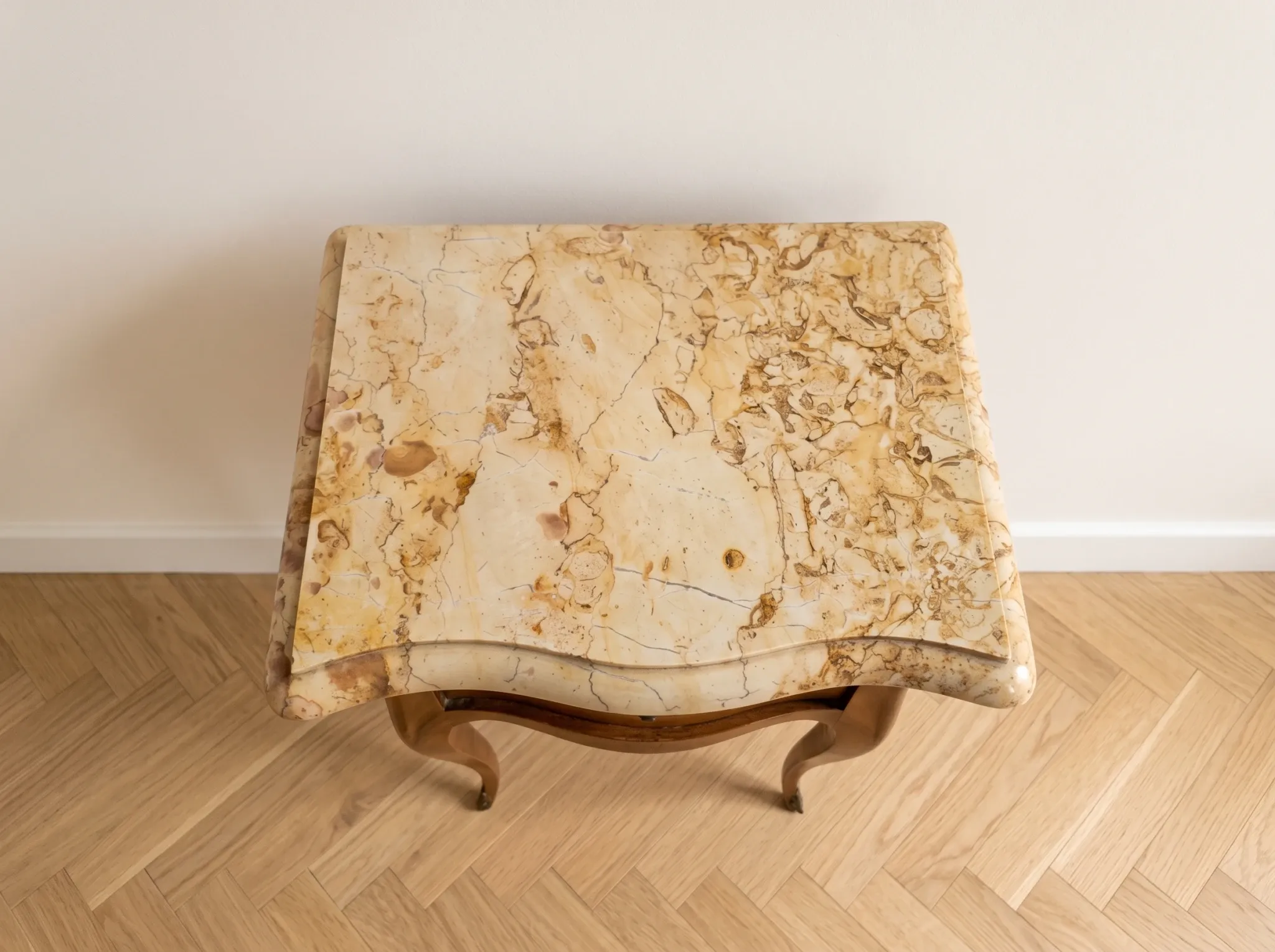 Louis XV style bedside table in marquetry wood and marble