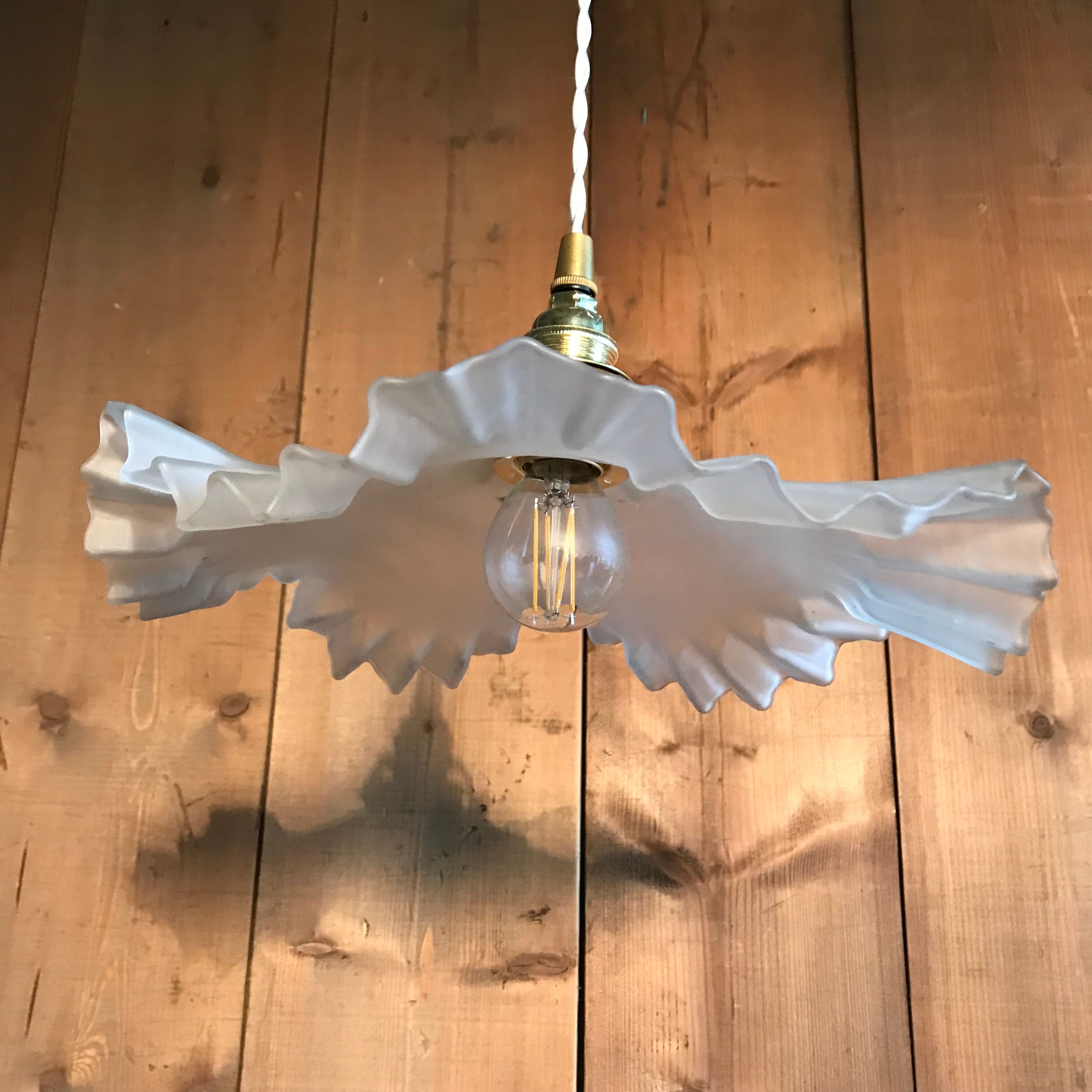 Vintage suspension lamp in pleated opaline