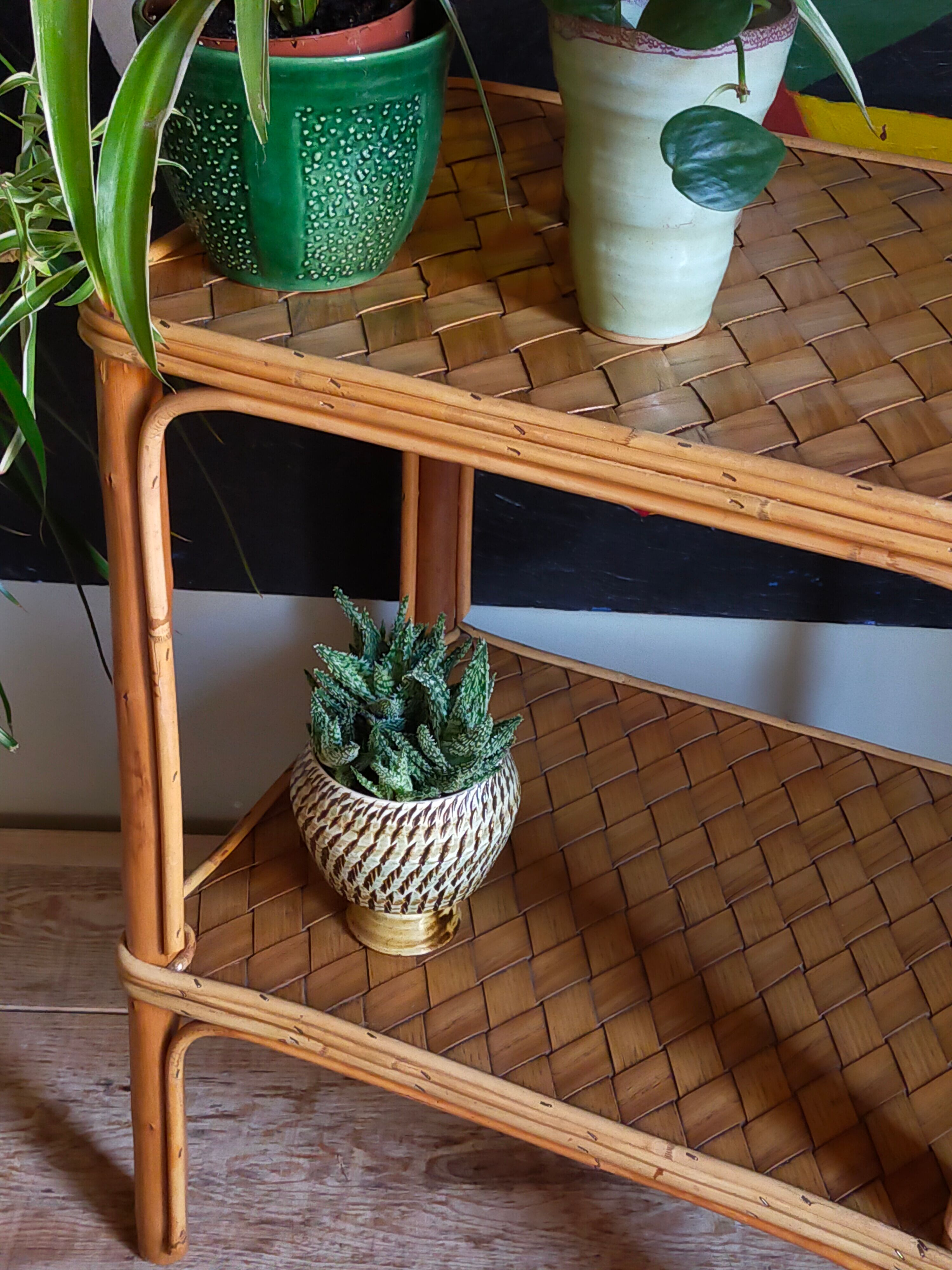Side service table in wood and rattan 50s