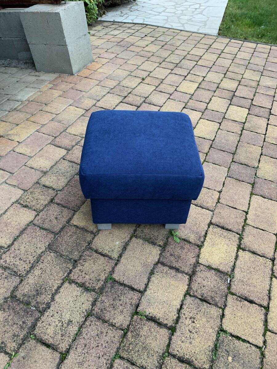 Mid-century blue fabric ottoman stool, 1950s compact modernist design.