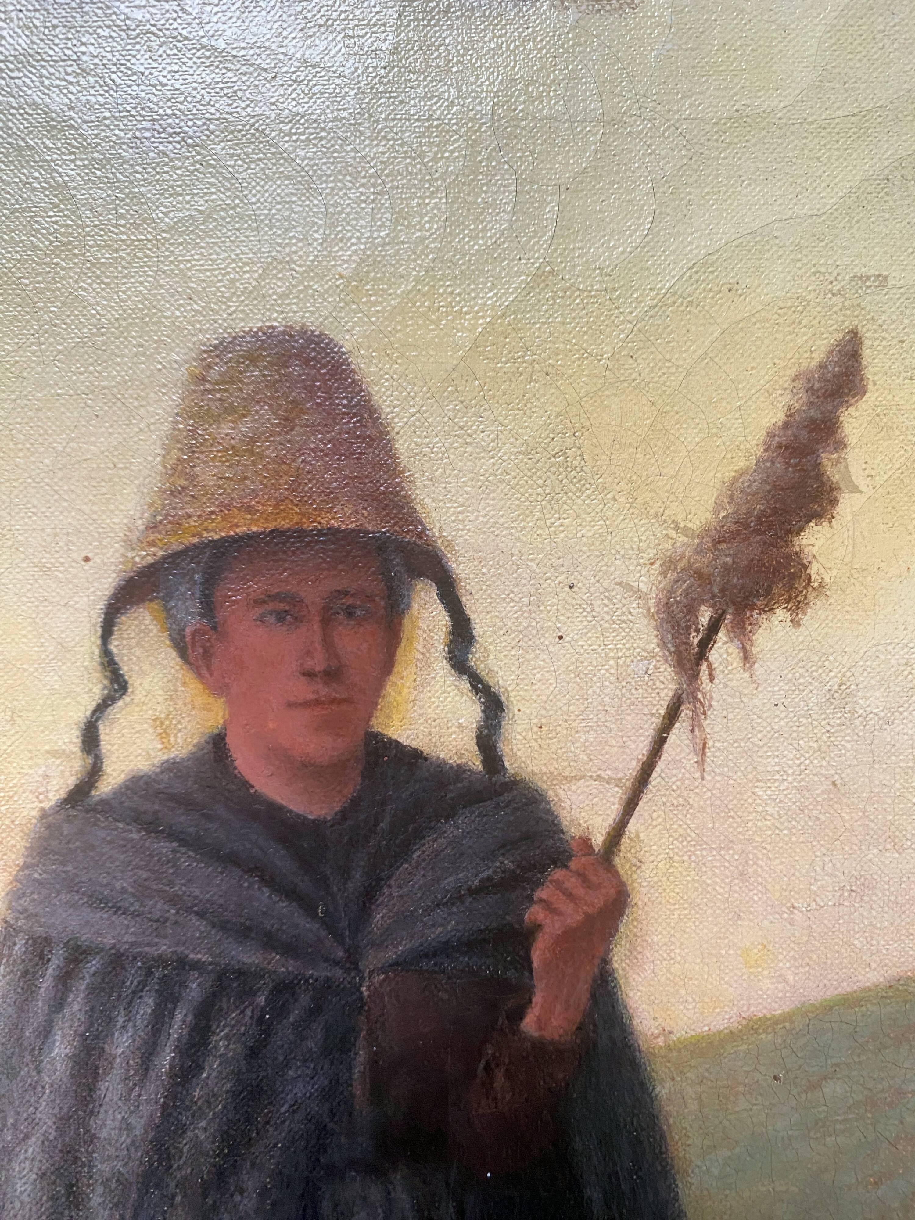 HST painting 19th century Shepherd with sheep and dog in mountain pasture signed A. Treviens