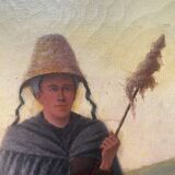 HST painting 19th century Shepherd with sheep and dog in mountain pasture signed A. Treviens