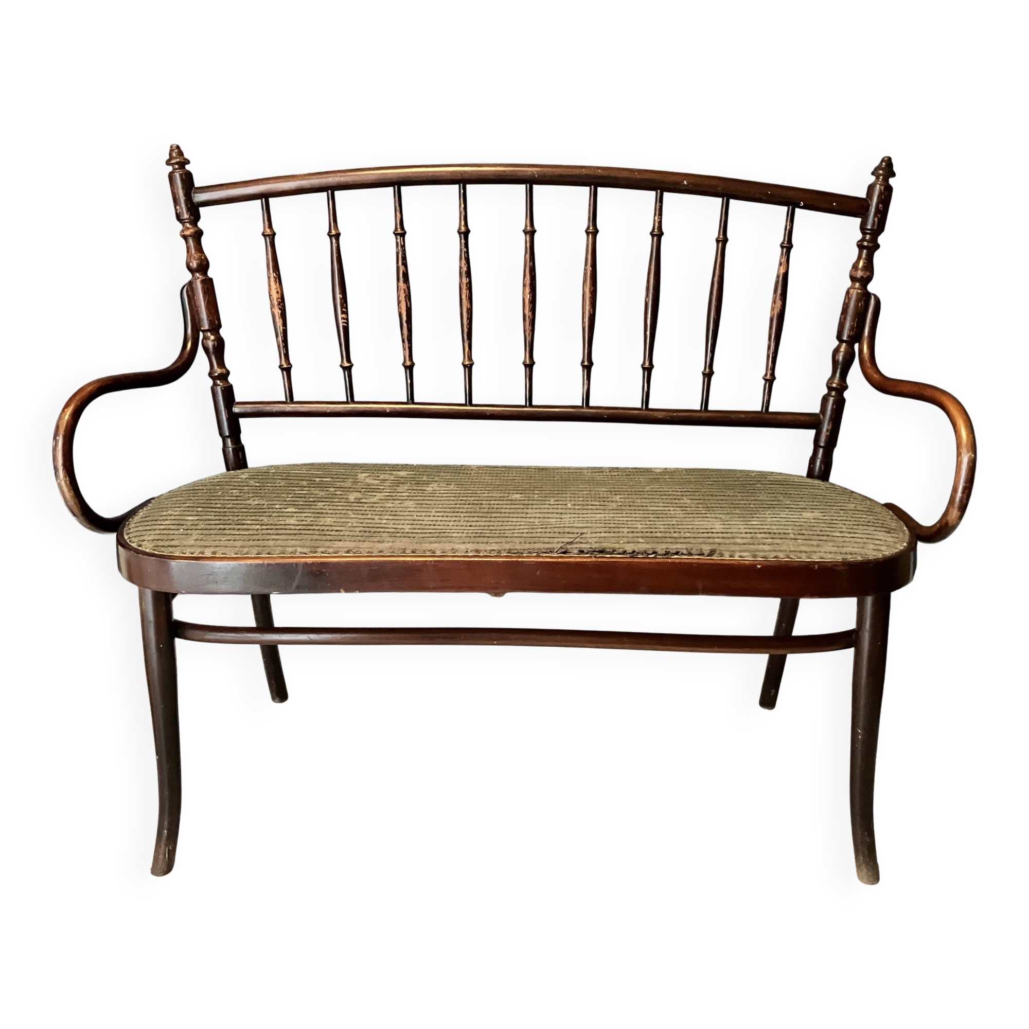 Thonet-branded bistro-style bench in turned wood, velvet and caning
