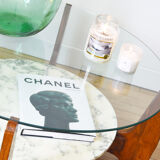 Table basse Hugues Poignant marbre, verre et teck années 60