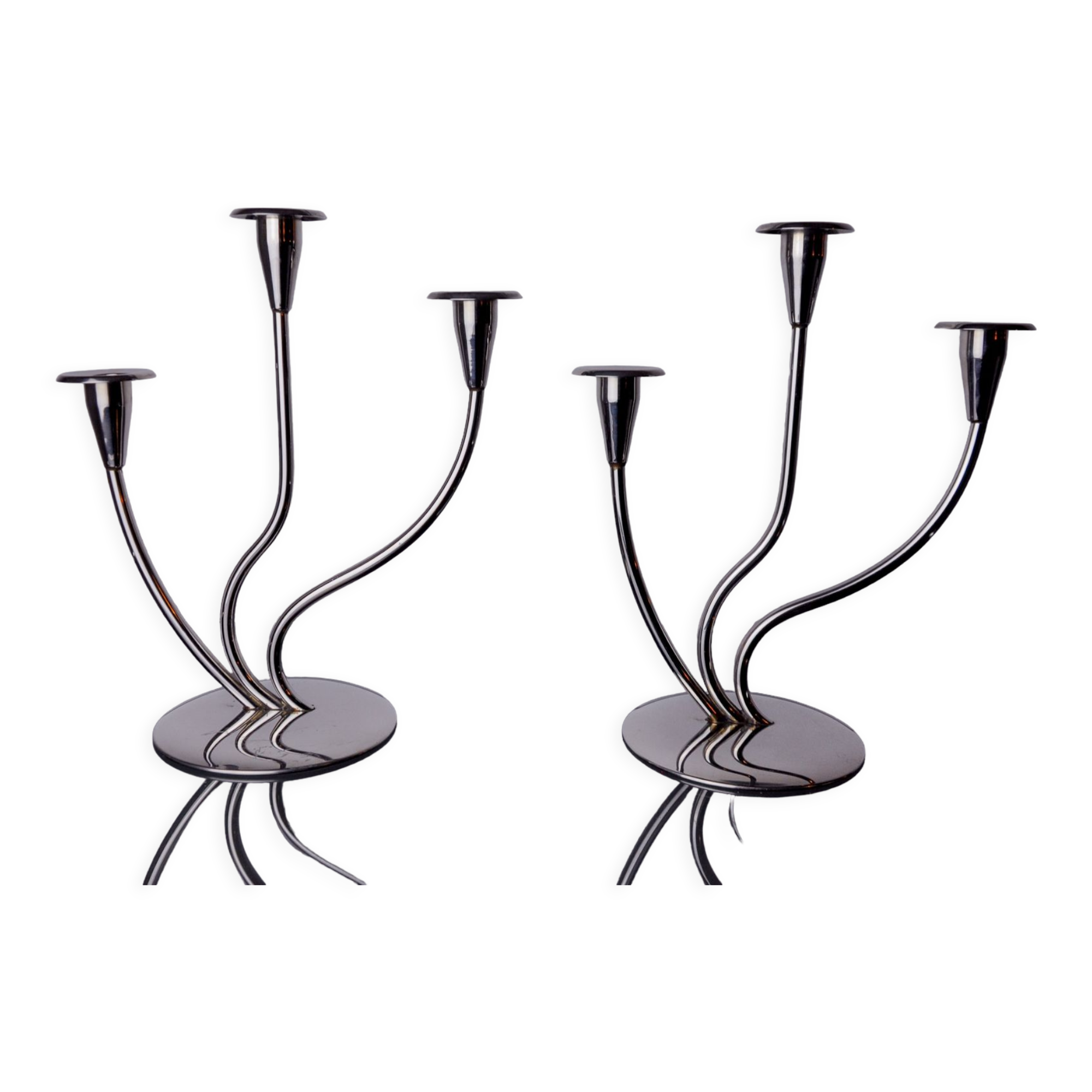Pair of art deco candlesticks in stainless steel 3 flames, Spain, 1970