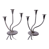 Pair of art deco candlesticks in stainless steel 3 flames, Spain, 1970