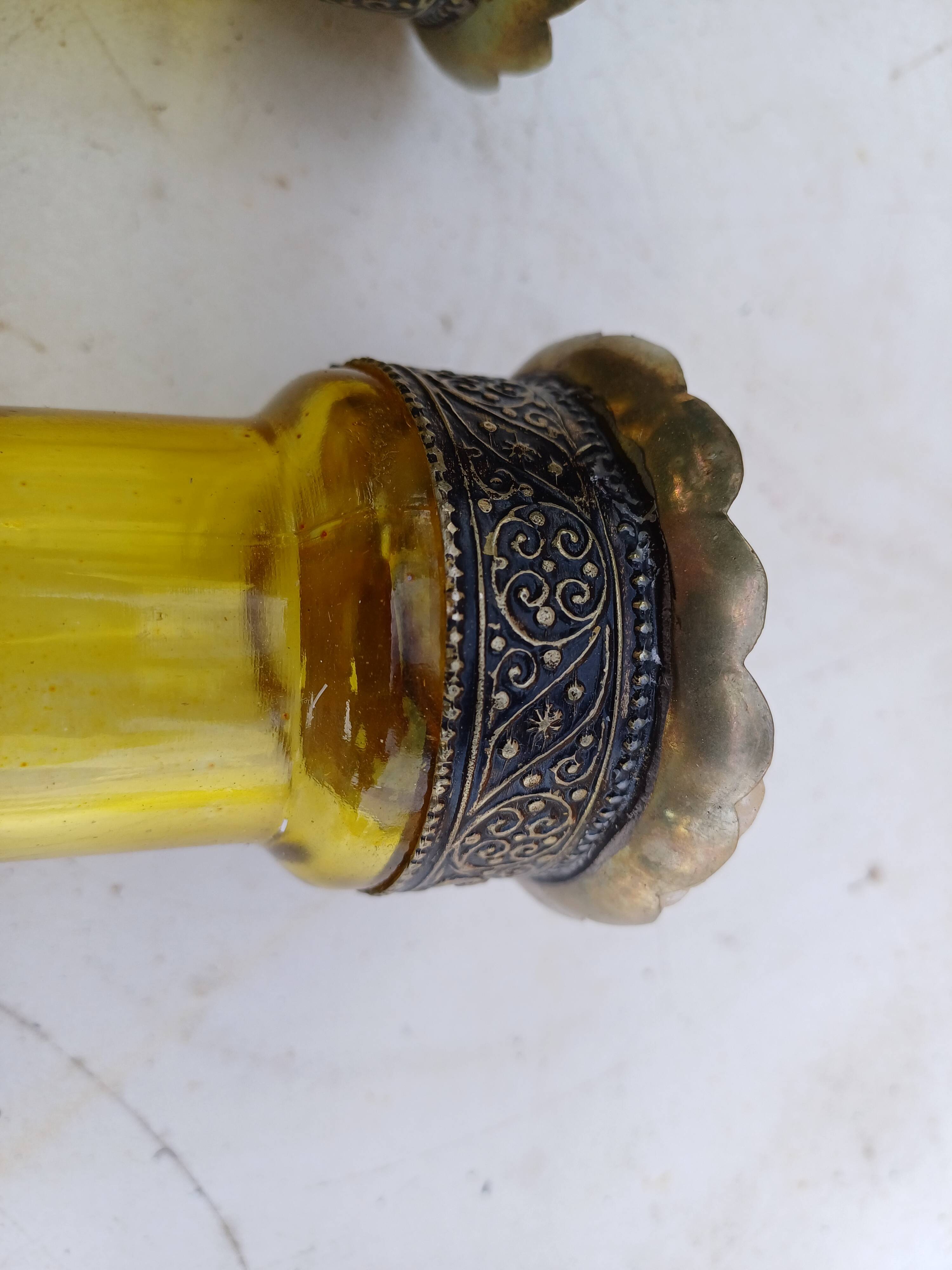 Pair of Silver Metal Candlesticks, Yellow Glass