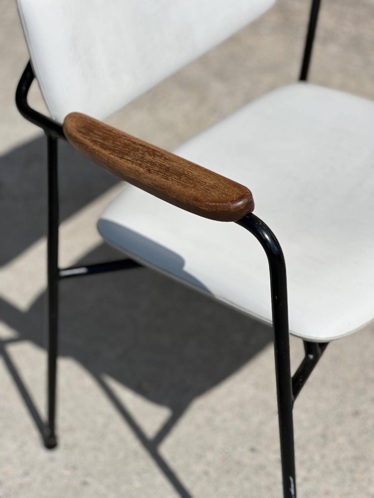 Vintage 1950s metal, oak and faux leather armchair