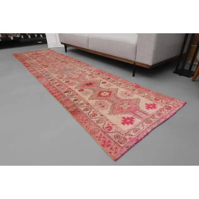 1970s Turkish Hand-Knotted Wool Cotton Pink Runner Rug 80x310