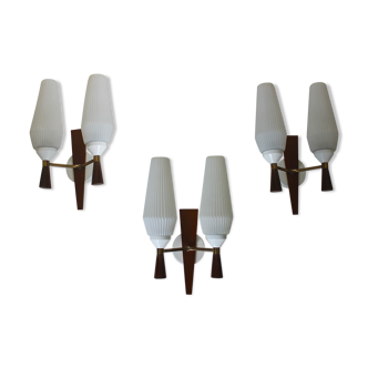 3 appliques scandinaves double feux en teck, 1960