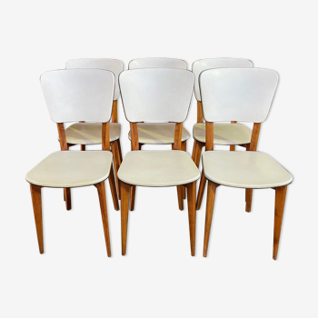 Suite de 6 chaises vintages en skaï blanc