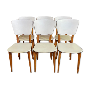 Suite de 6 chaises vintages en skaï blanc