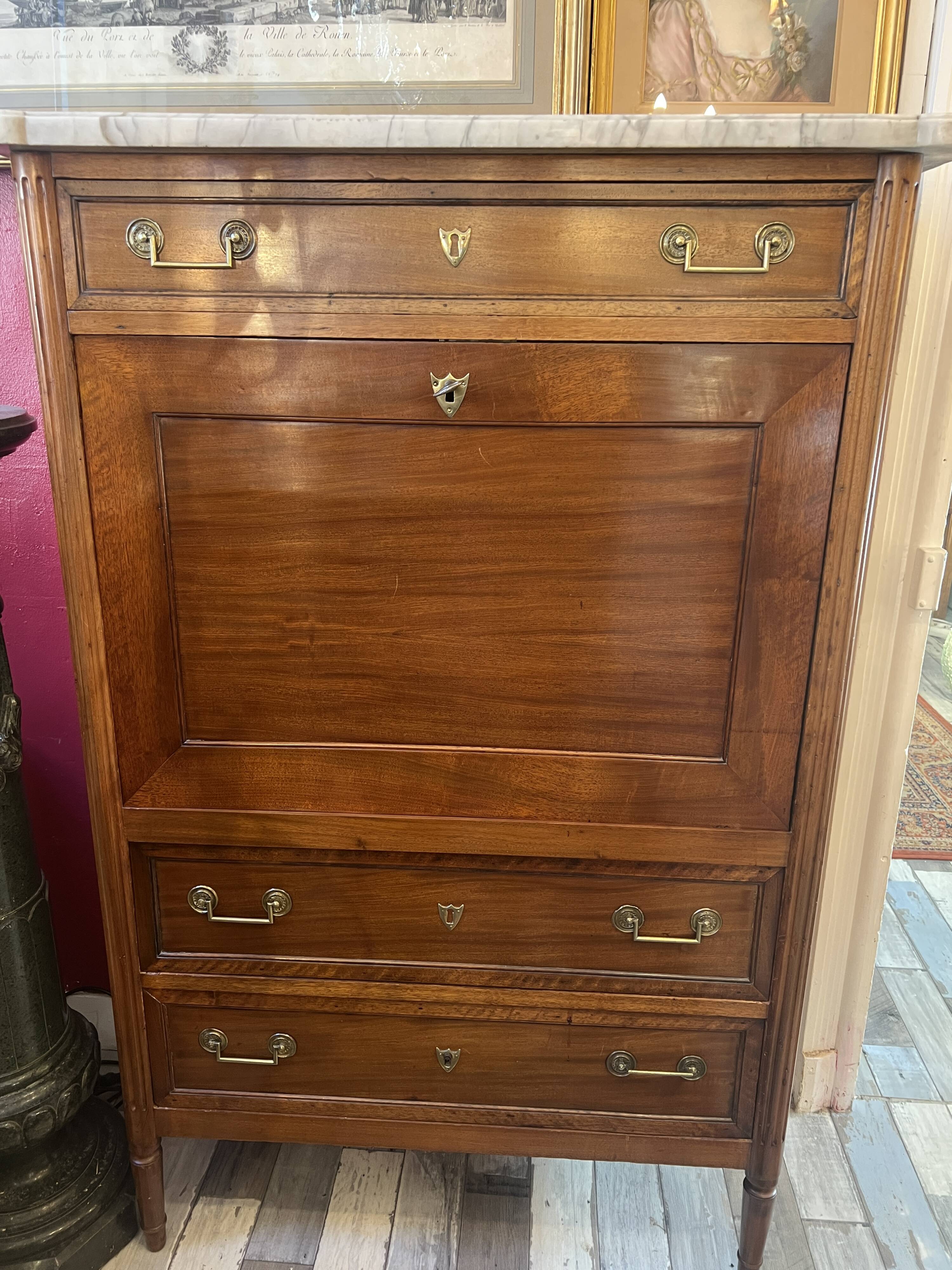Louis XVI period mahogany secretary, white marble top, clover lock