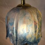 Antique art nouveau bronze lamp with tinted glass shade, 43x16