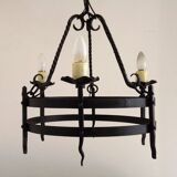 Lustre rustique français vintage forgé à la main en fer forgé noir à 3 lumières 4484