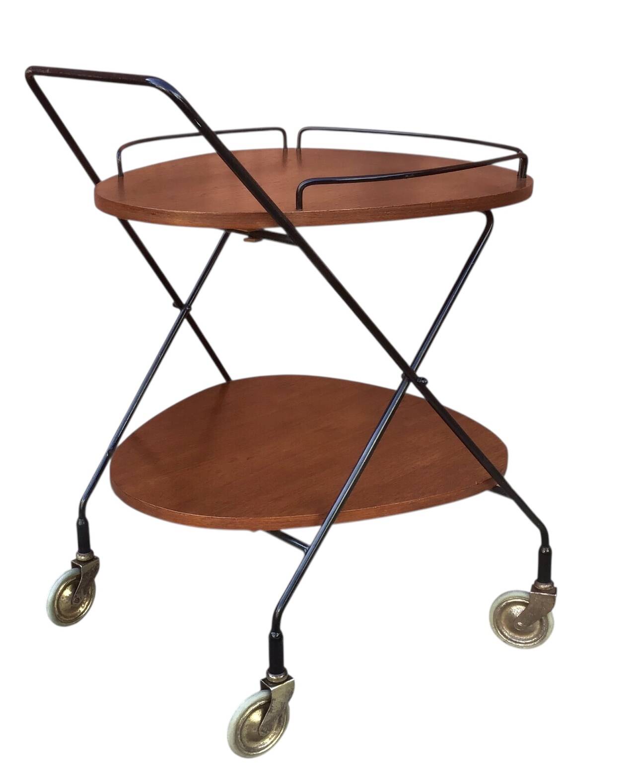 Vintage Scandinavian serving trolley in teak and metal, metal wheels, 1960s
