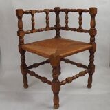 Antique French Turned Wooden Bobbin Chair with Rush Seat