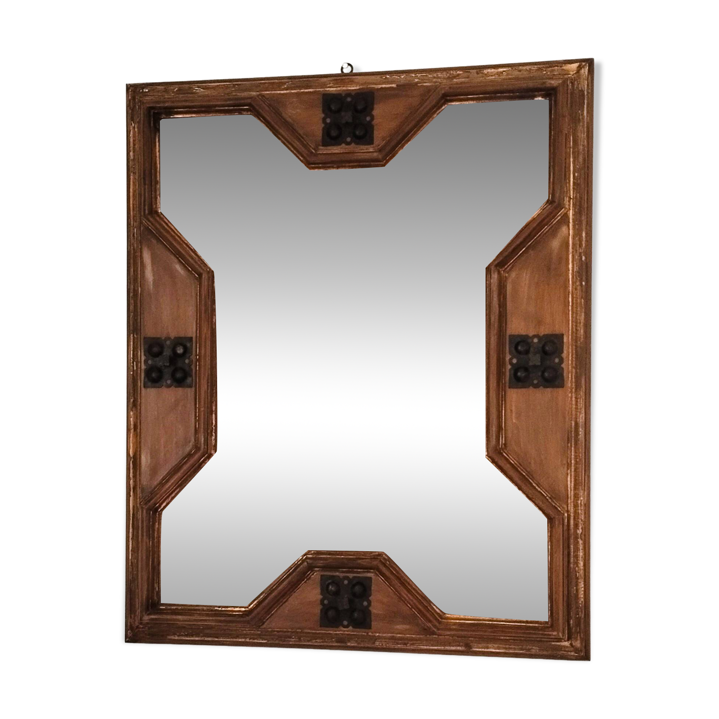 Miroir italien mid-century – cadre en bois patiné et éléments en fer forgé