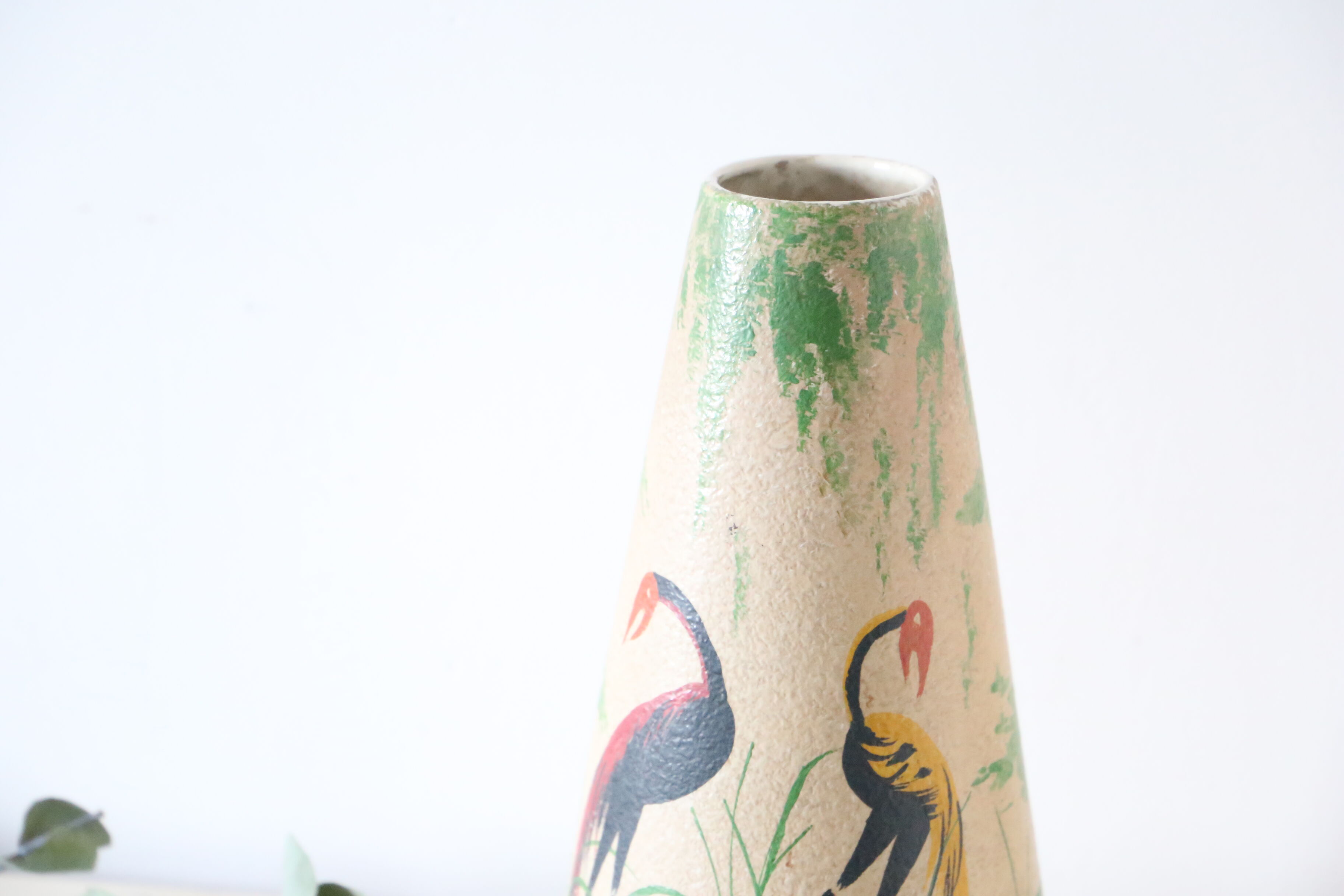 German ceramic vase foreign storks pattern, 1960