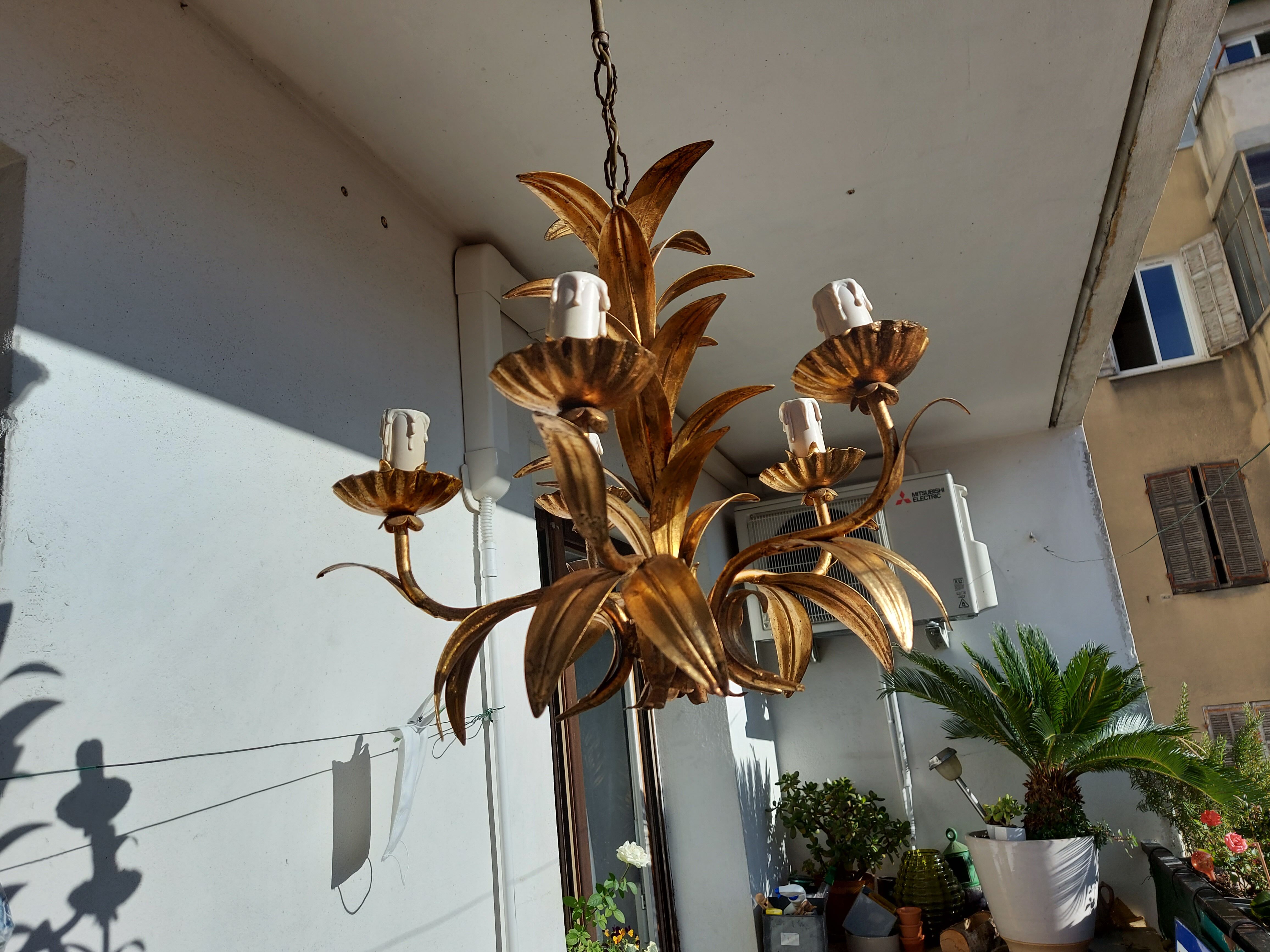 Chandelier gilded metal leaves by Hans Kogl, 1970's