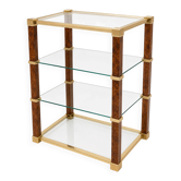 Vintage dessert table in tempered glass, brass, and burl – Hollywood Regency