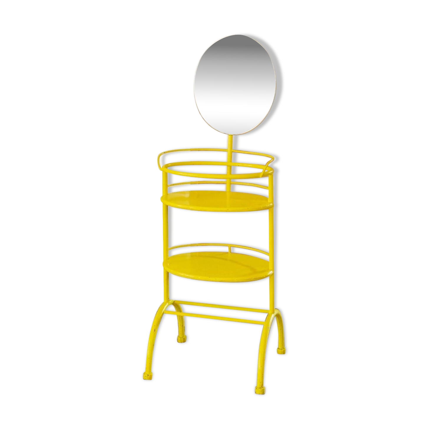Yellow metal side table with swiveling oval mirror and two tray shelves, vintage 1960s Italy