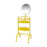 Yellow metal side table with swiveling oval mirror and two tray shelves, vintage 1960s Italy