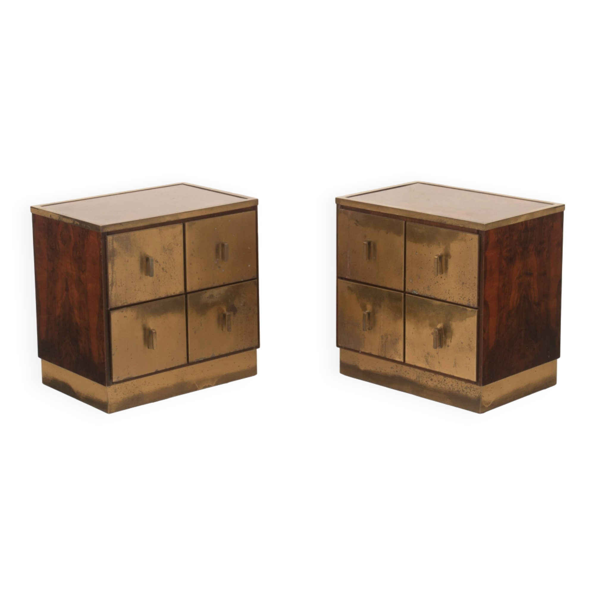 Aldo Frigerio Italian Walnut Burl and Gold-Laminated Brass Bagdad Nightstands