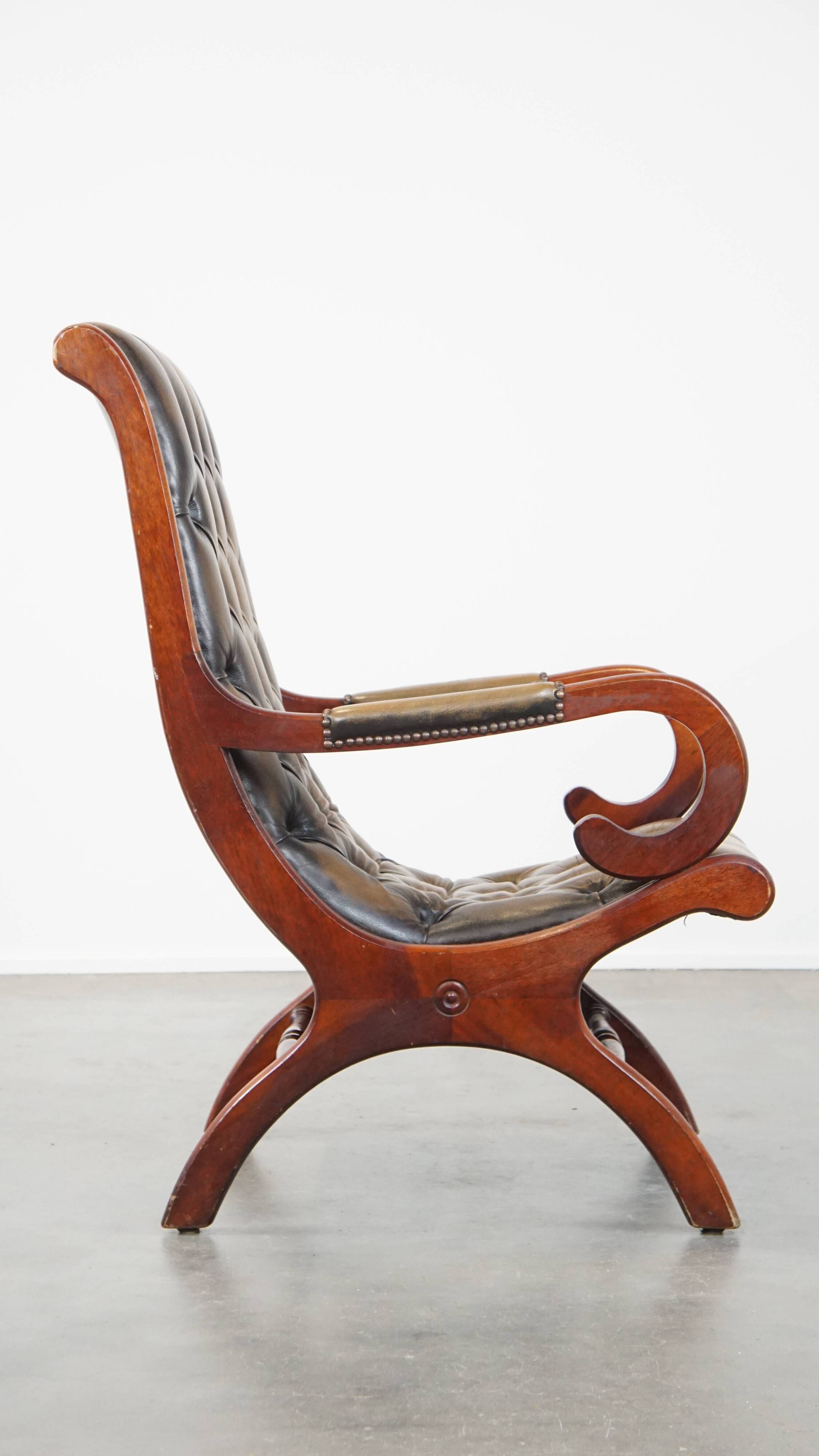 Green Vintage English Chesterfield Armchair with Wood Accents