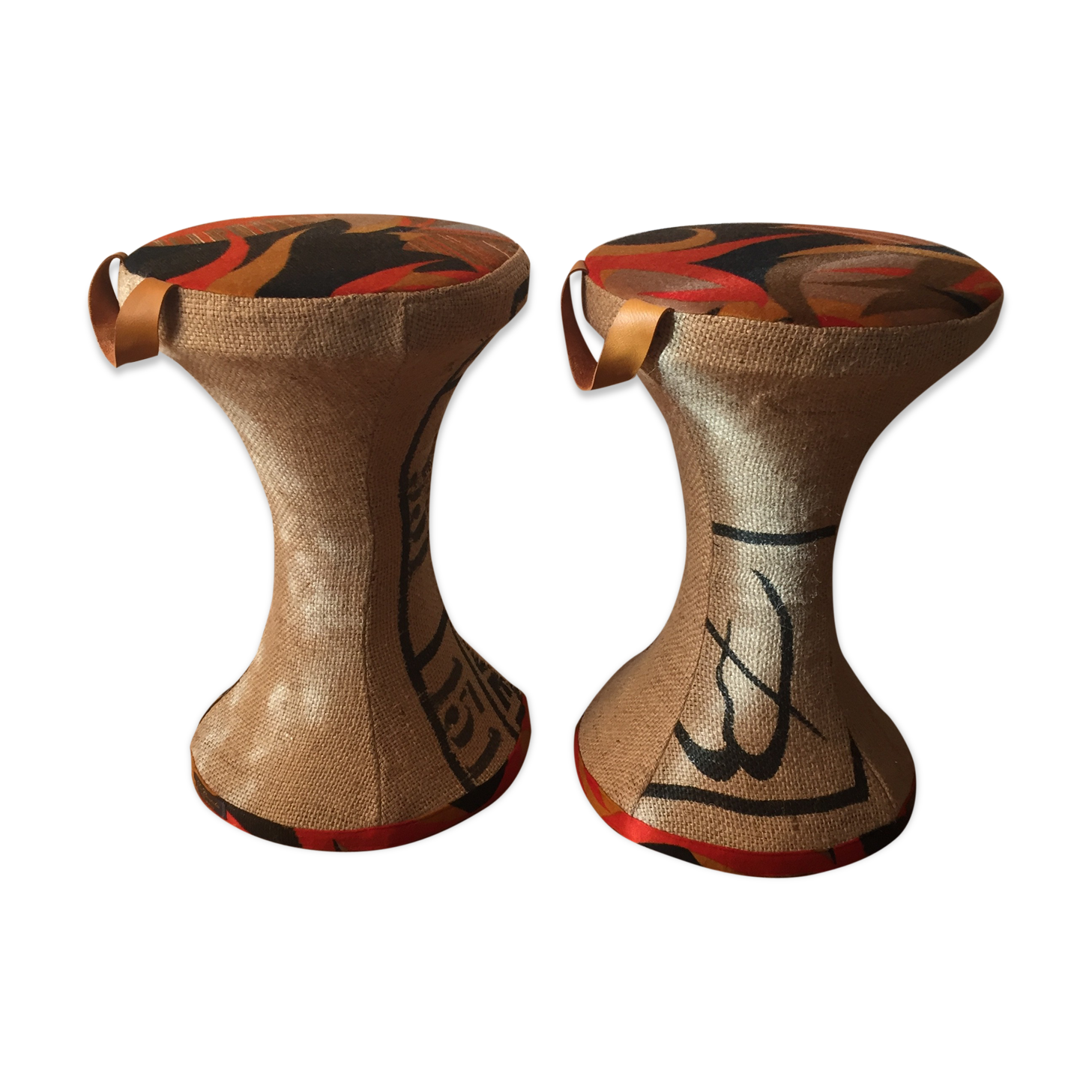 2 Tam-Tam stools dressed in burlap and original vintage fabric
