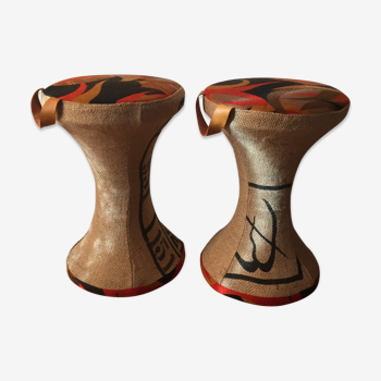2 Tam-Tam stools dressed in burlap and original vintage fabric