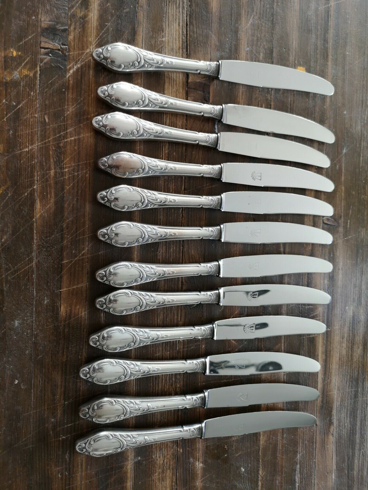 Series of 12 entremet knives in silver metal stainless steel blade louis XV Marly floral style