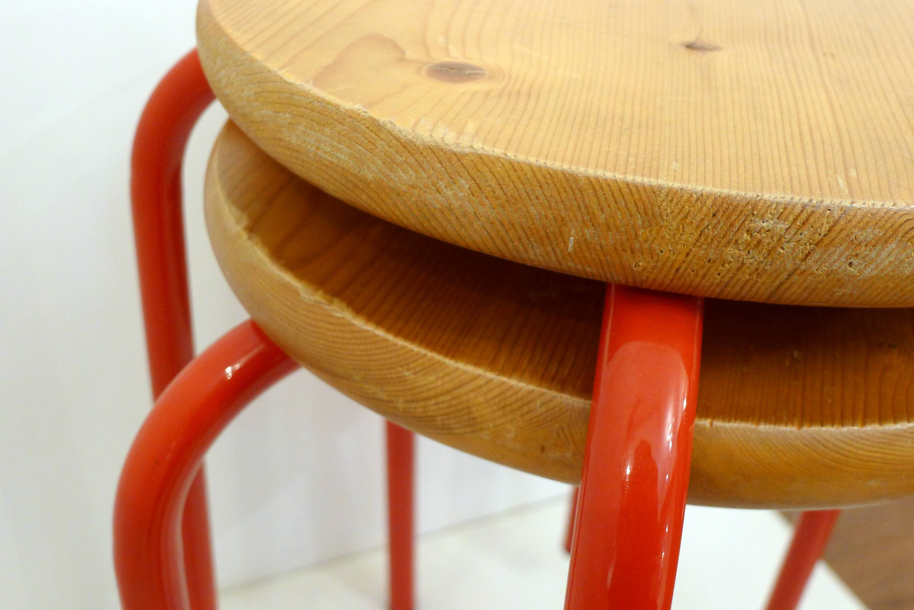 Pair of stools, red lacquered legs & wooden seat 1980s