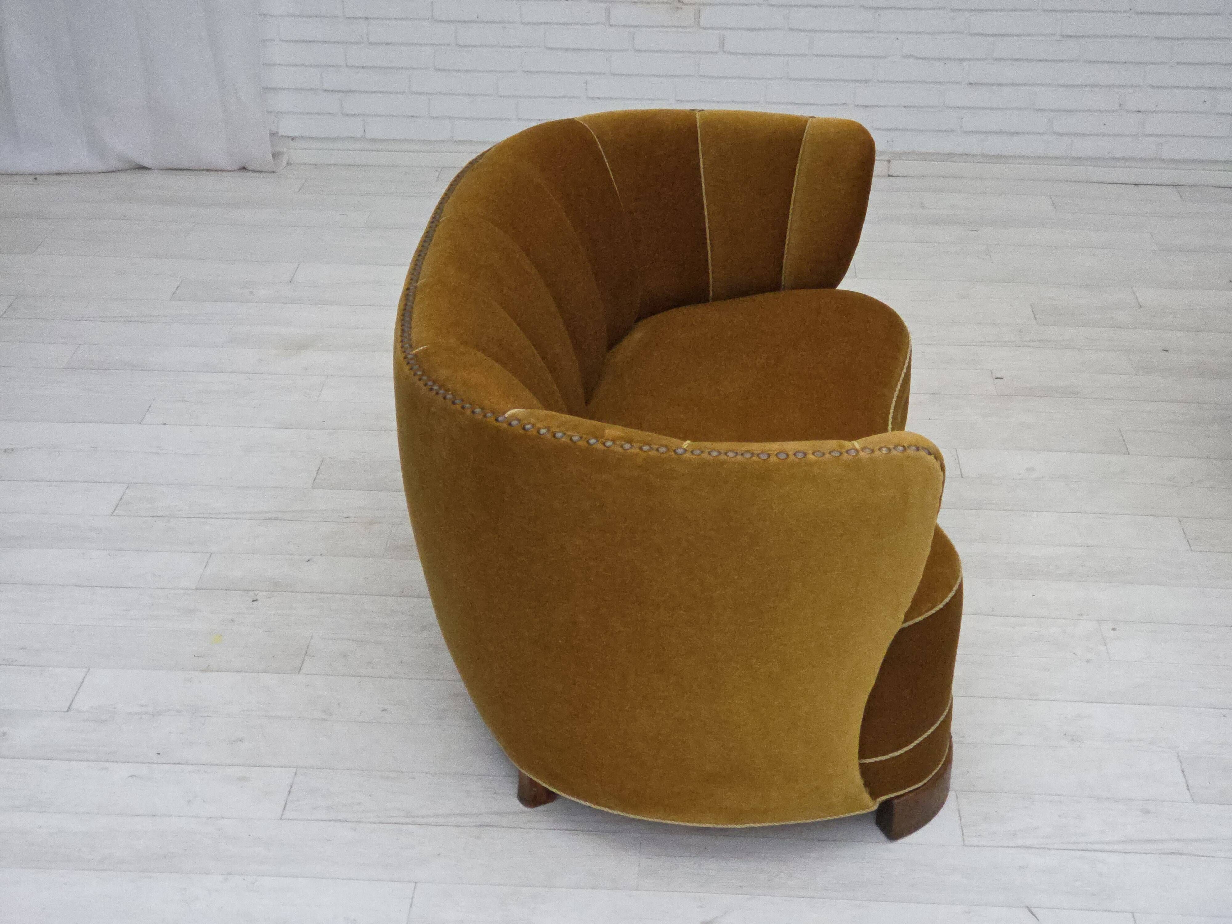 1960s, 2-seater Danish "Banan" sofa, original olive/green furniture velour.