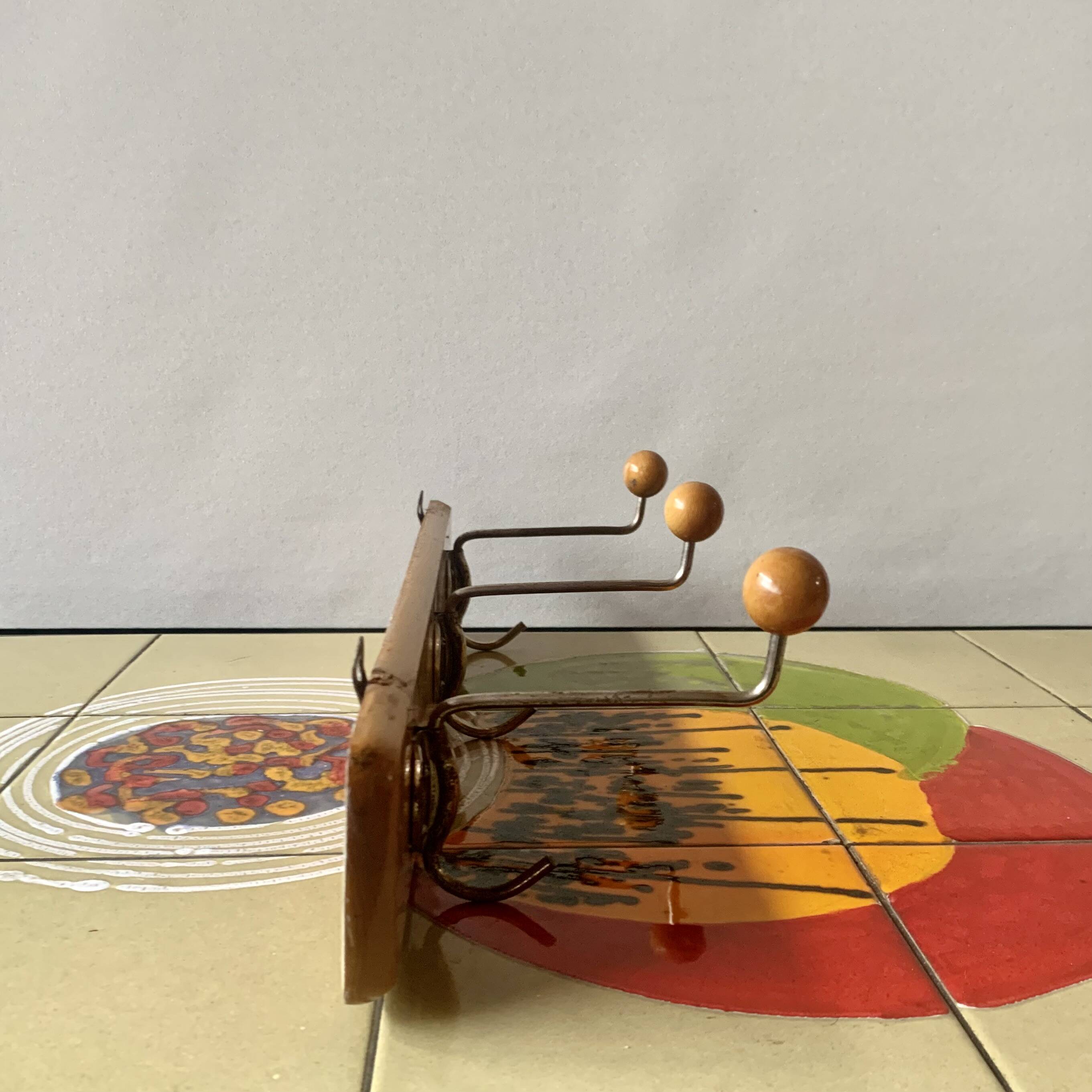 Vintage wooden wall coat rack - triple ball hook