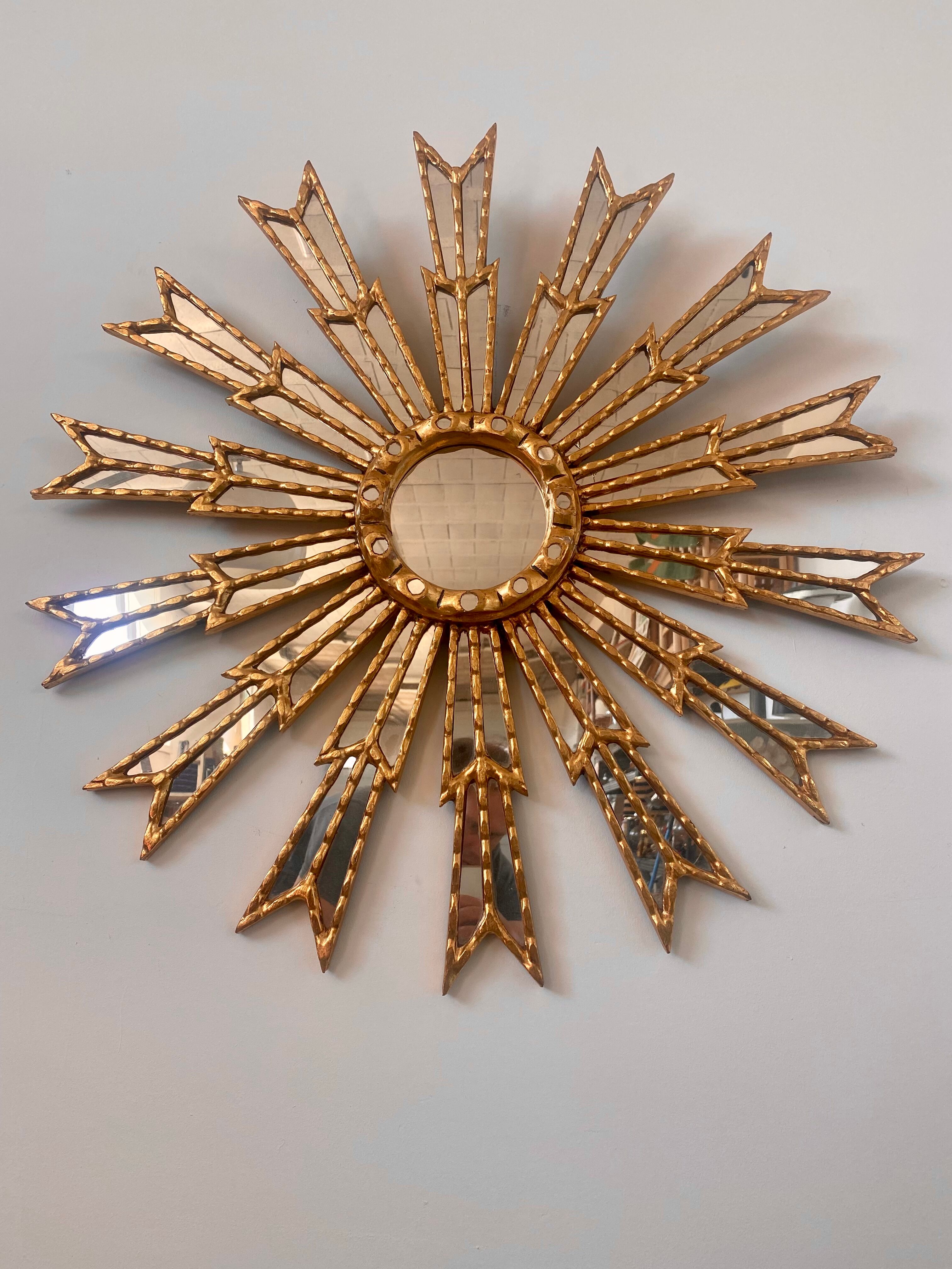 Mirror sun in gilded wood XXL facet mirror design year 60