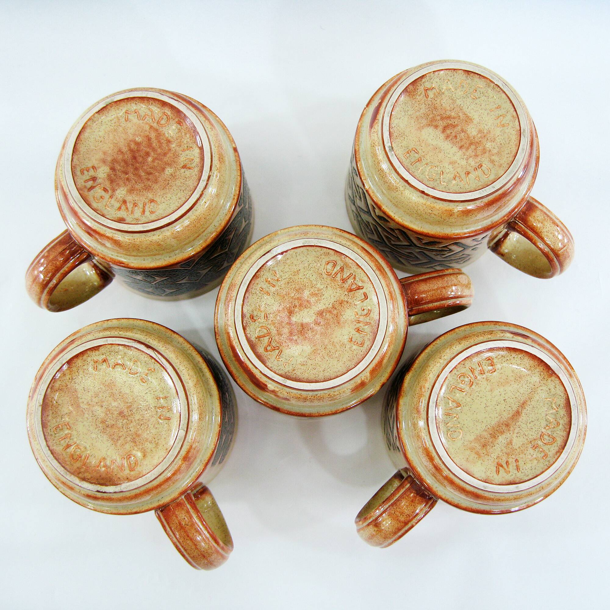 5 beige and fawn stoneware mugs - brown geometric decor - made in England - vintage 70s