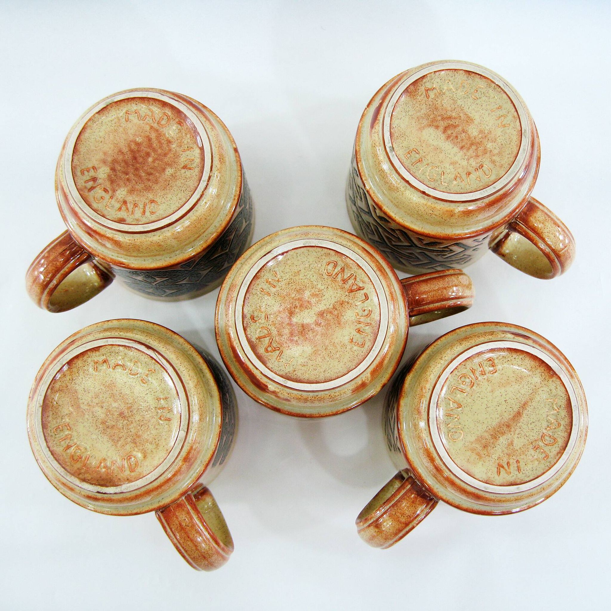 5 beige and fawn stoneware mugs - brown geometric decor - made in England - vintage 70s