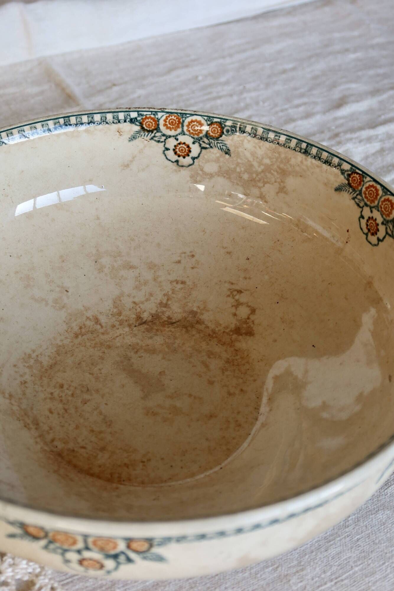 Antique ironstone salad bowl - Patina - Green and orange floral decoration