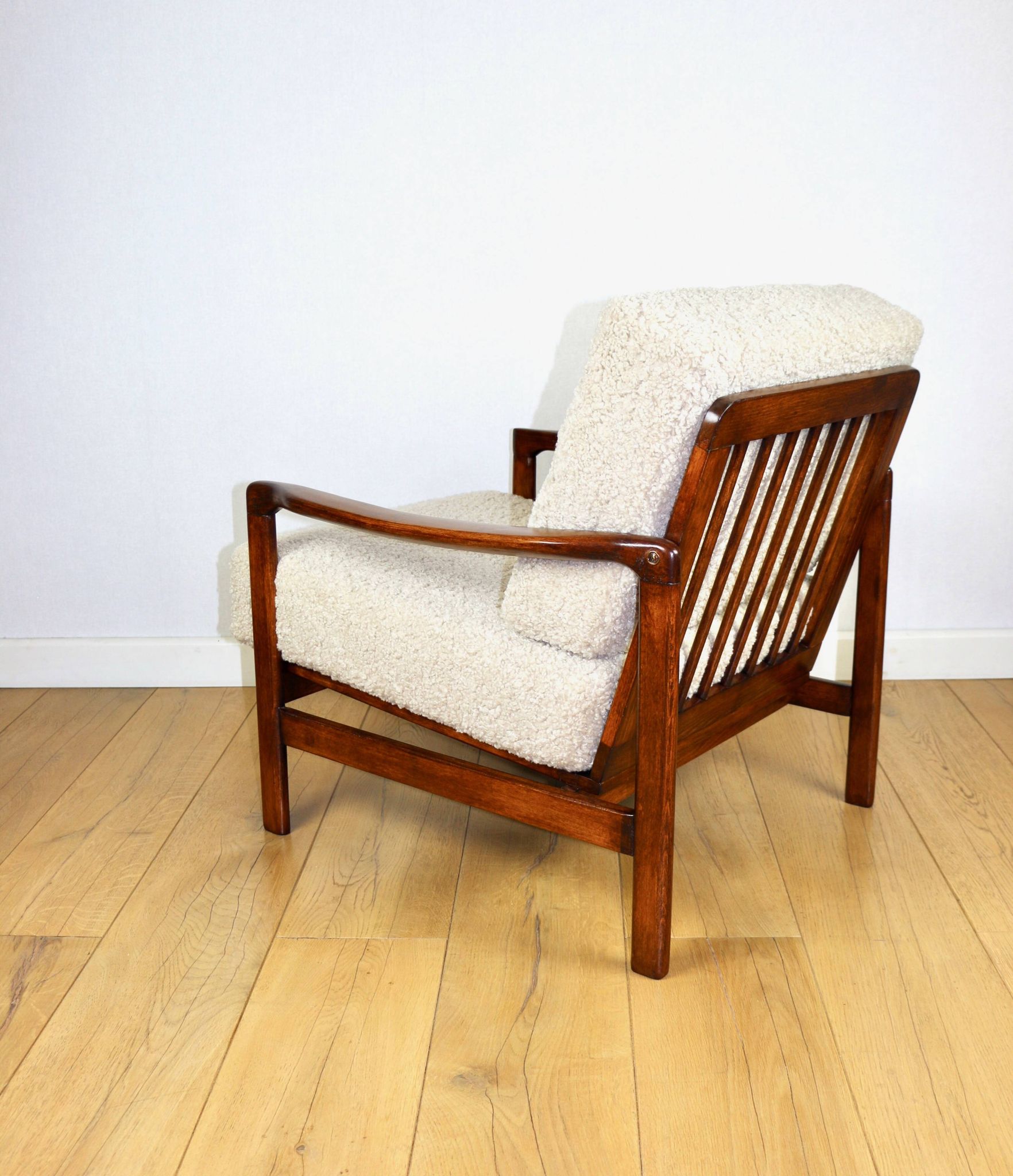 Wooden vintage brown armchair beige ivory long pile boucle design by Z. Bączyk - 2 pieces available