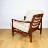 Wooden vintage brown armchair beige ivory long pile boucle design by Z. Bączyk - 2 pieces available