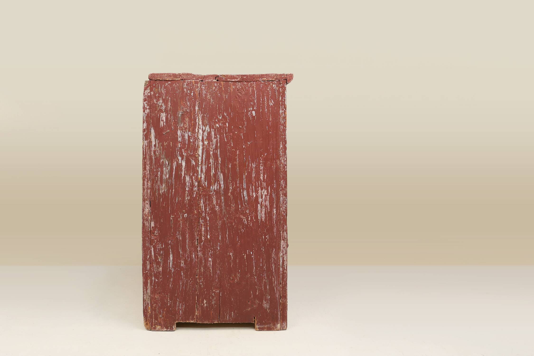 Rustic Parisian cabinet in pine wood with old burgundy paint layers, ca. 18
