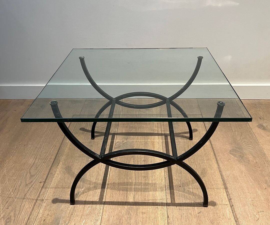 Pair of Black Lacquered Wrought Iron and Glass Side Tables, French Work